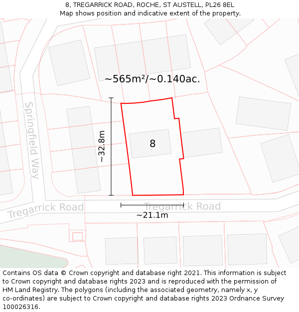 8, TREGARRICK ROAD, ROCHE, ST AUSTELL, PL26 8EL: Plot and title map