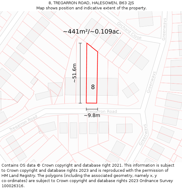 8, TREGARRON ROAD, HALESOWEN, B63 2JS: Plot and title map