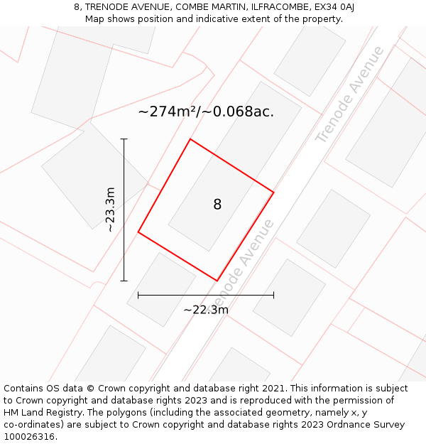 8, TRENODE AVENUE, COMBE MARTIN, ILFRACOMBE, EX34 0AJ: Plot and title map