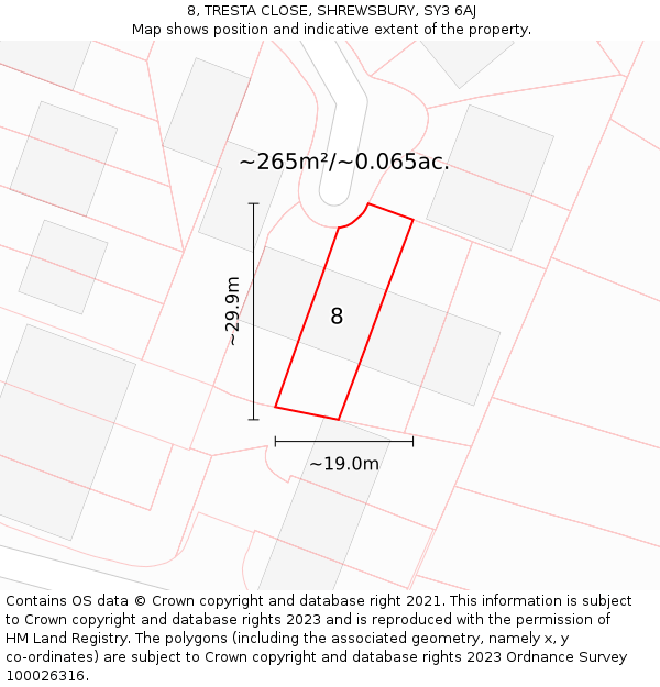 8, TRESTA CLOSE, SHREWSBURY, SY3 6AJ: Plot and title map