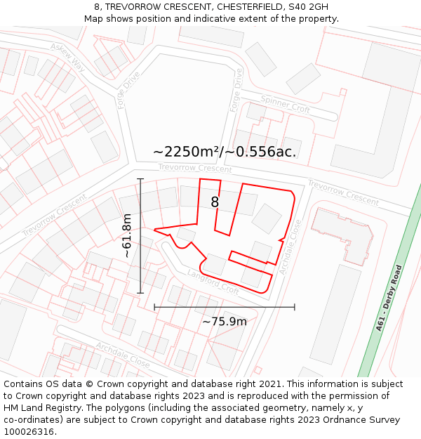 8, TREVORROW CRESCENT, CHESTERFIELD, S40 2GH: Plot and title map