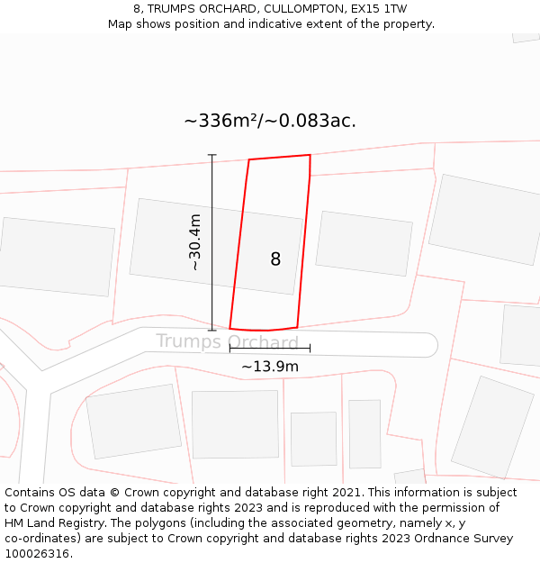 8, TRUMPS ORCHARD, CULLOMPTON, EX15 1TW: Plot and title map