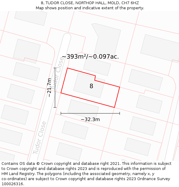 8, TUDOR CLOSE, NORTHOP HALL, MOLD, CH7 6HZ: Plot and title map