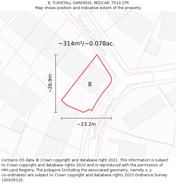 8, TUNSTALL GARDENS, REDCAR, TS10 2TR: Plot and title map