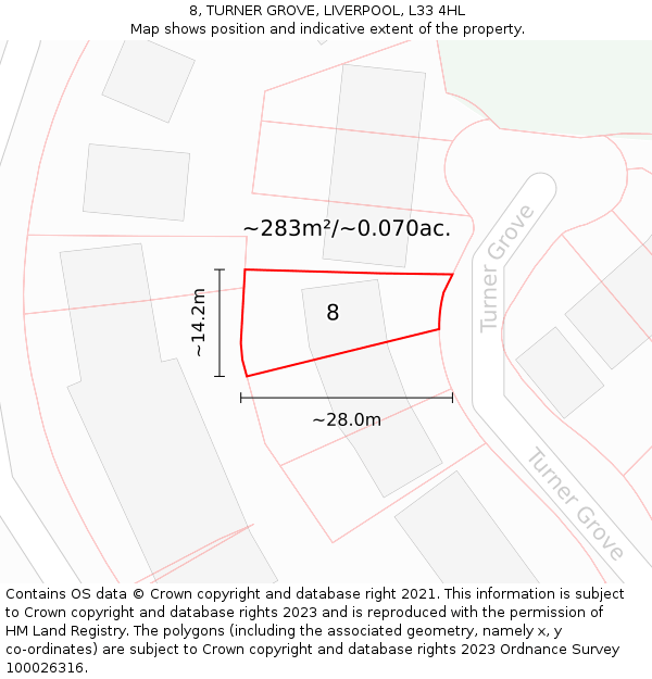 8, TURNER GROVE, LIVERPOOL, L33 4HL: Plot and title map