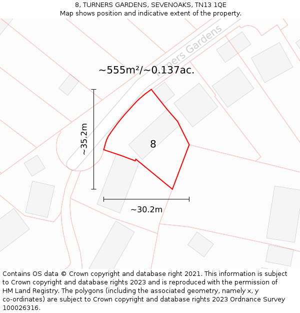 8, TURNERS GARDENS, SEVENOAKS, TN13 1QE: Plot and title map