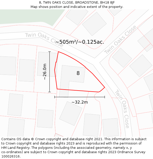 8, TWIN OAKS CLOSE, BROADSTONE, BH18 8JF: Plot and title map