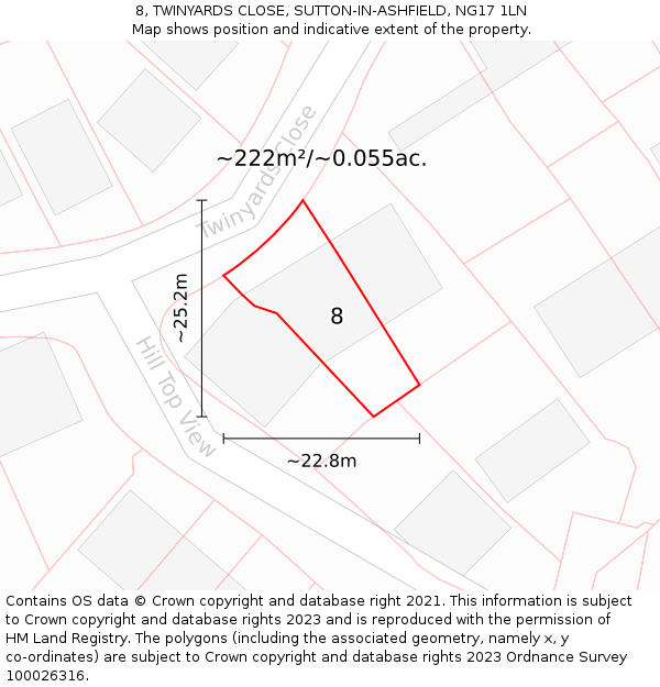 8, TWINYARDS CLOSE, SUTTON-IN-ASHFIELD, NG17 1LN: Plot and title map