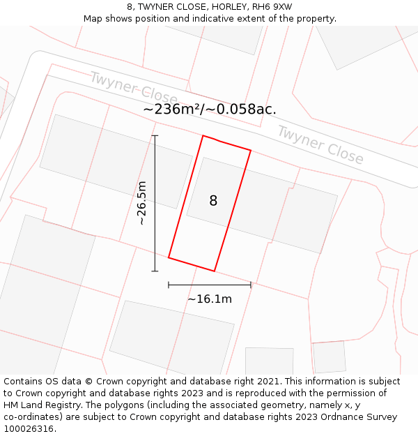 8, TWYNER CLOSE, HORLEY, RH6 9XW: Plot and title map