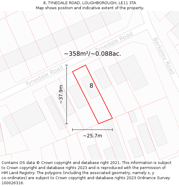 8, TYNEDALE ROAD, LOUGHBOROUGH, LE11 3TA: Plot and title map