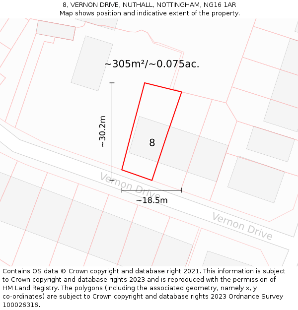 8, VERNON DRIVE, NUTHALL, NOTTINGHAM, NG16 1AR: Plot and title map