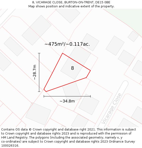 8, VICARAGE CLOSE, BURTON-ON-TRENT, DE15 0BE: Plot and title map
