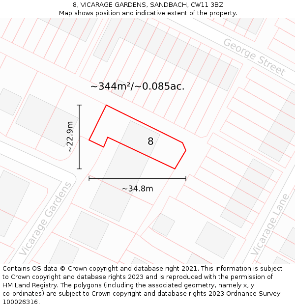 8, VICARAGE GARDENS, SANDBACH, CW11 3BZ: Plot and title map