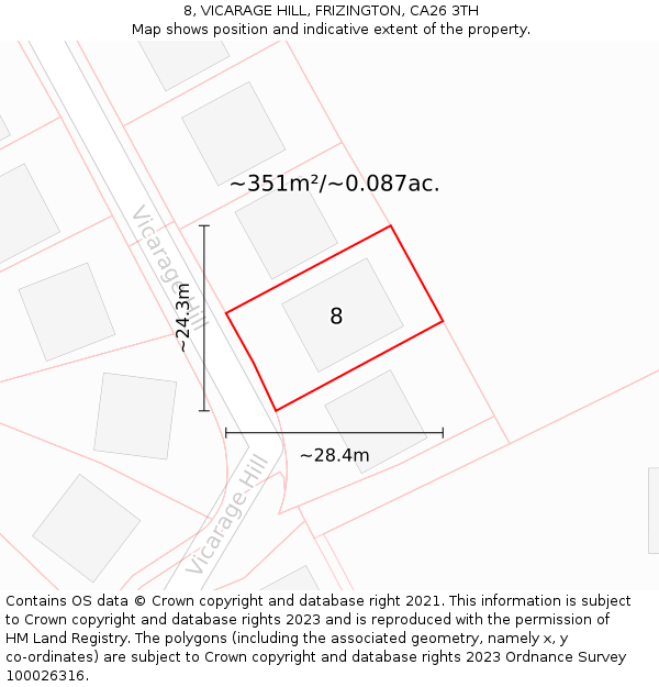 8, VICARAGE HILL, FRIZINGTON, CA26 3TH: Plot and title map