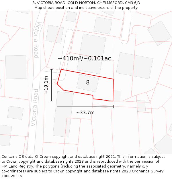 8, VICTORIA ROAD, COLD NORTON, CHELMSFORD, CM3 6JD: Plot and title map