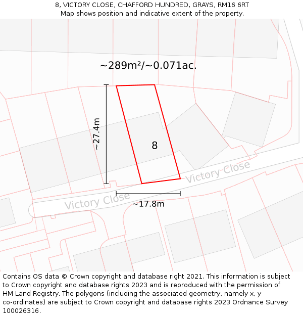 8, VICTORY CLOSE, CHAFFORD HUNDRED, GRAYS, RM16 6RT: Plot and title map