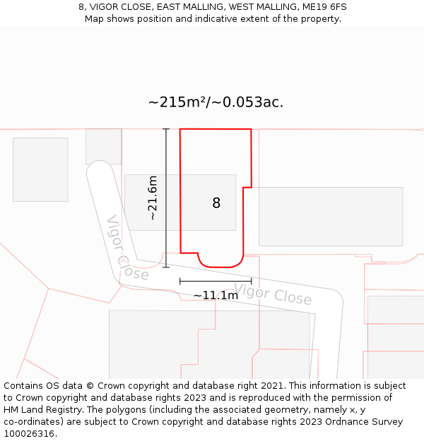 8, VIGOR CLOSE, EAST MALLING, WEST MALLING, ME19 6FS: Plot and title map