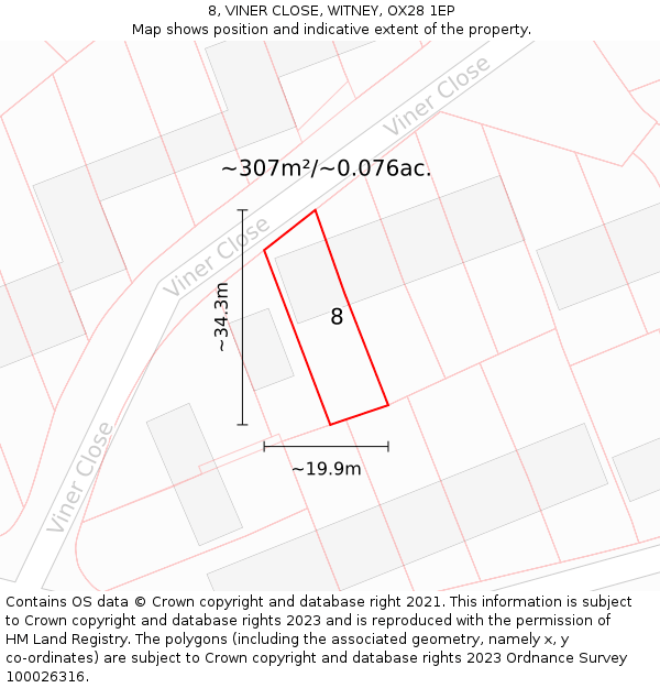 8, VINER CLOSE, WITNEY, OX28 1EP: Plot and title map