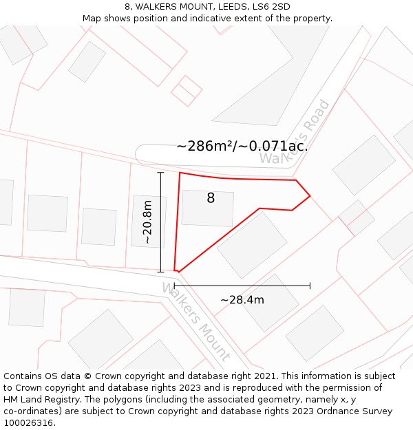 8, WALKERS MOUNT, LEEDS, LS6 2SD: Plot and title map