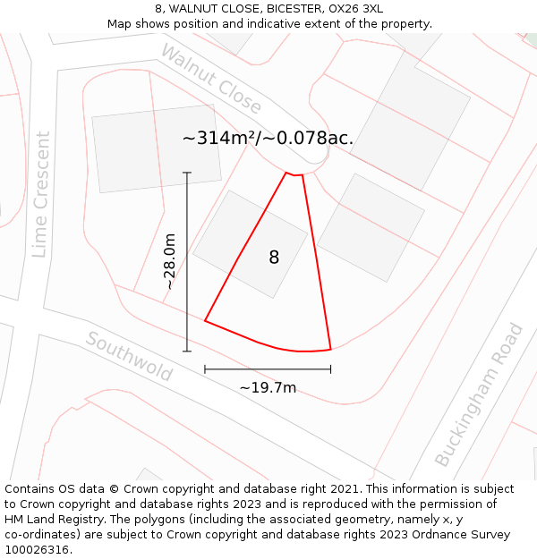 8, WALNUT CLOSE, BICESTER, OX26 3XL: Plot and title map