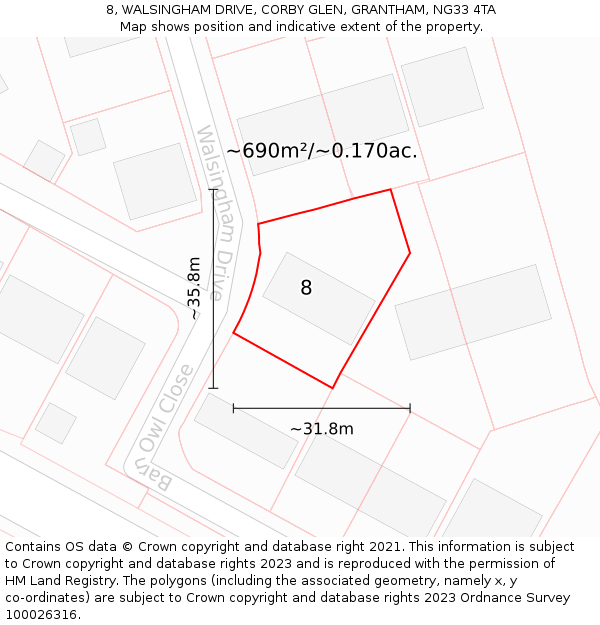 8, WALSINGHAM DRIVE, CORBY GLEN, GRANTHAM, NG33 4TA: Plot and title map