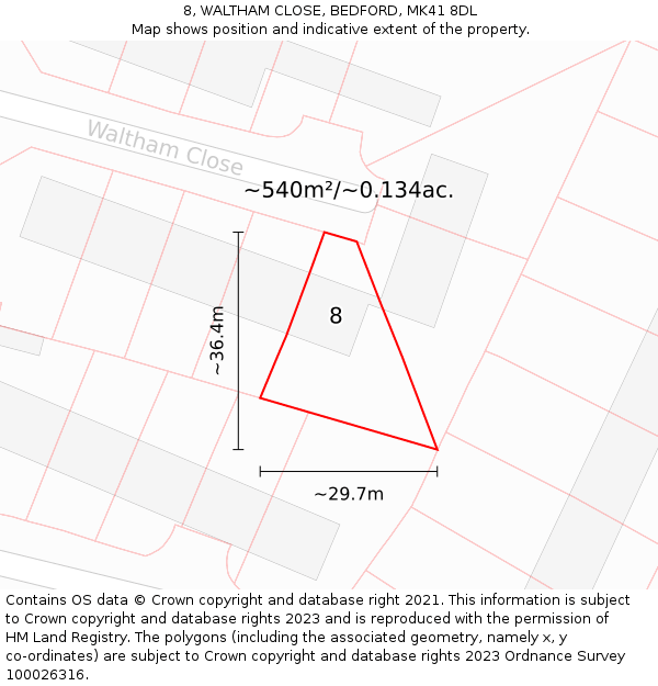 8, WALTHAM CLOSE, BEDFORD, MK41 8DL: Plot and title map