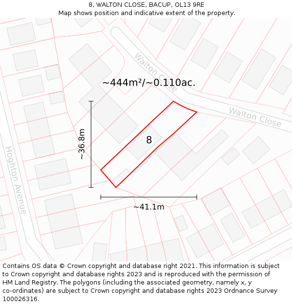 8, WALTON CLOSE, BACUP, OL13 9RE: Plot and title map