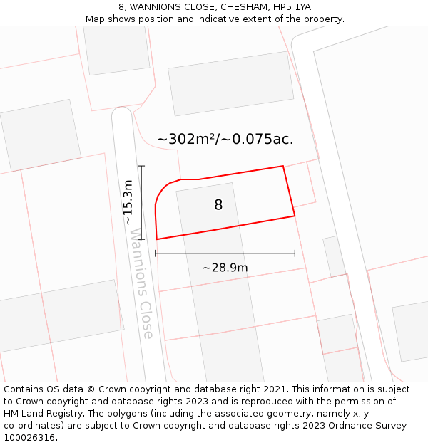 8, WANNIONS CLOSE, CHESHAM, HP5 1YA: Plot and title map