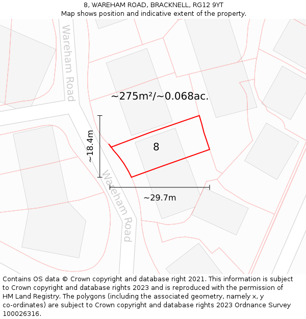 8, WAREHAM ROAD, BRACKNELL, RG12 9YT: Plot and title map