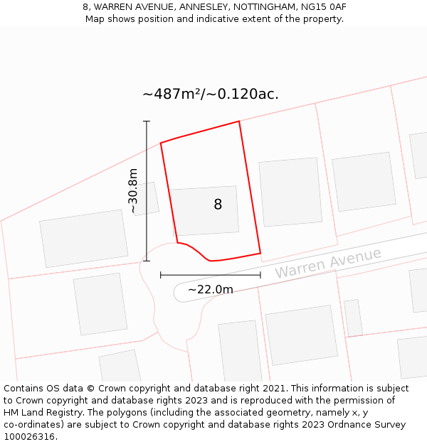 8, WARREN AVENUE, ANNESLEY, NOTTINGHAM, NG15 0AF: Plot and title map