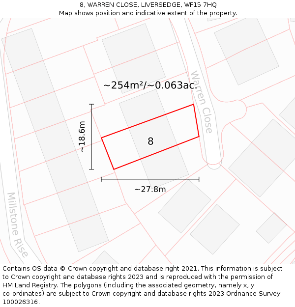 8, WARREN CLOSE, LIVERSEDGE, WF15 7HQ: Plot and title map