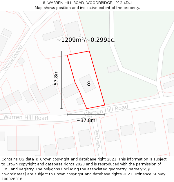 8, WARREN HILL ROAD, WOODBRIDGE, IP12 4DU: Plot and title map