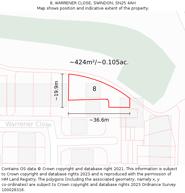 8, WARRENER CLOSE, SWINDON, SN25 4AH: Plot and title map