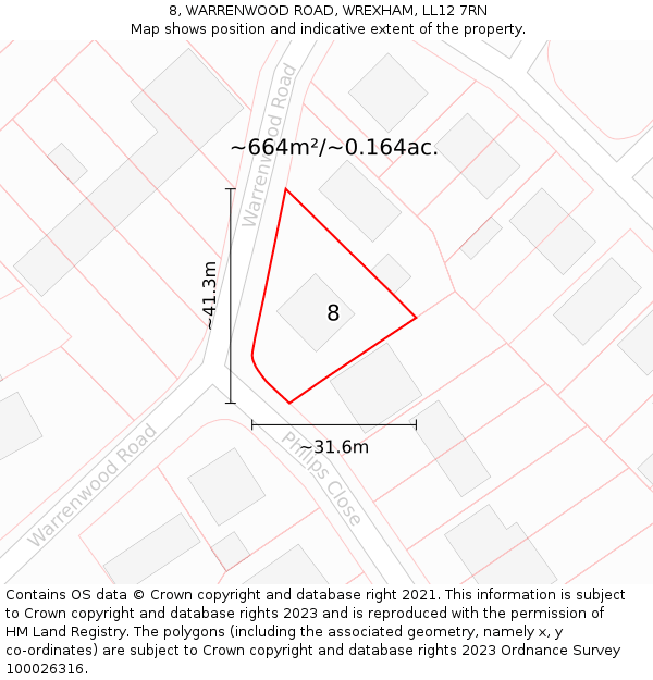 8, WARRENWOOD ROAD, WREXHAM, LL12 7RN: Plot and title map