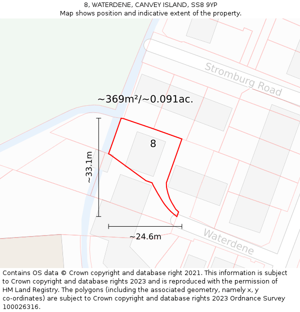 8, WATERDENE, CANVEY ISLAND, SS8 9YP: Plot and title map