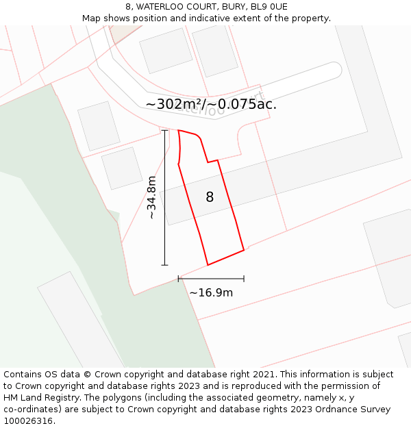 8, WATERLOO COURT, BURY, BL9 0UE: Plot and title map