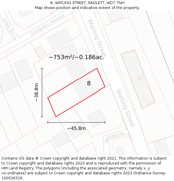 8, WATLING STREET, RADLETT, WD7 7NH: Plot and title map