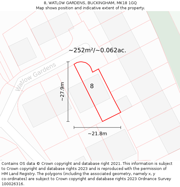 8, WATLOW GARDENS, BUCKINGHAM, MK18 1GQ: Plot and title map