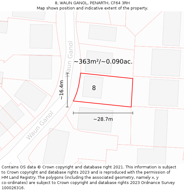 8, WAUN GANOL, PENARTH, CF64 3RH: Plot and title map