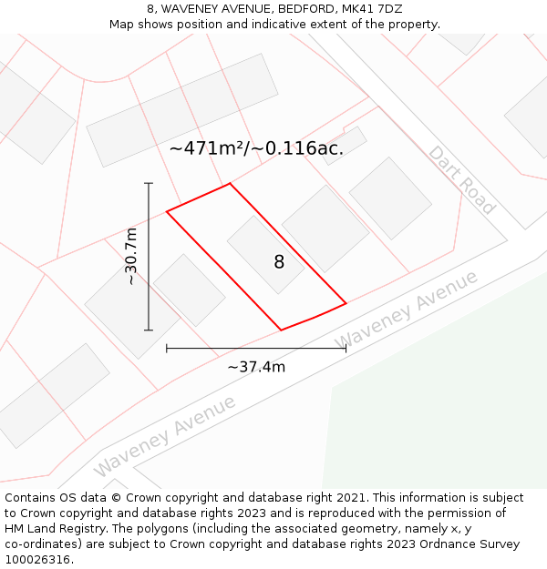 8, WAVENEY AVENUE, BEDFORD, MK41 7DZ: Plot and title map