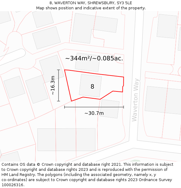 8, WAVERTON WAY, SHREWSBURY, SY3 5LE: Plot and title map