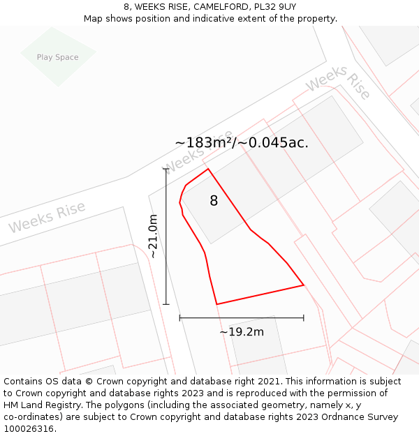 8, WEEKS RISE, CAMELFORD, PL32 9UY: Plot and title map