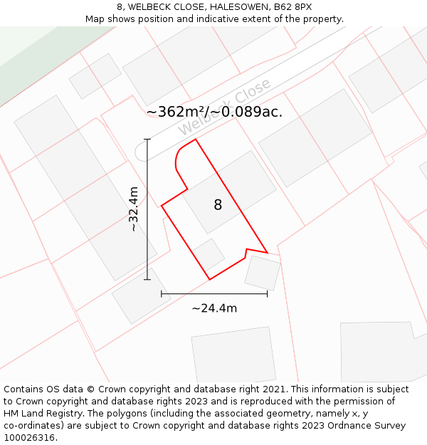 8, WELBECK CLOSE, HALESOWEN, B62 8PX: Plot and title map