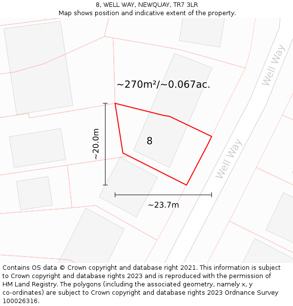 8, WELL WAY, NEWQUAY, TR7 3LR: Plot and title map