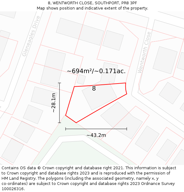 8, WENTWORTH CLOSE, SOUTHPORT, PR8 3PF: Plot and title map