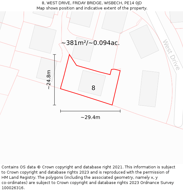 8, WEST DRIVE, FRIDAY BRIDGE, WISBECH, PE14 0JD: Plot and title map