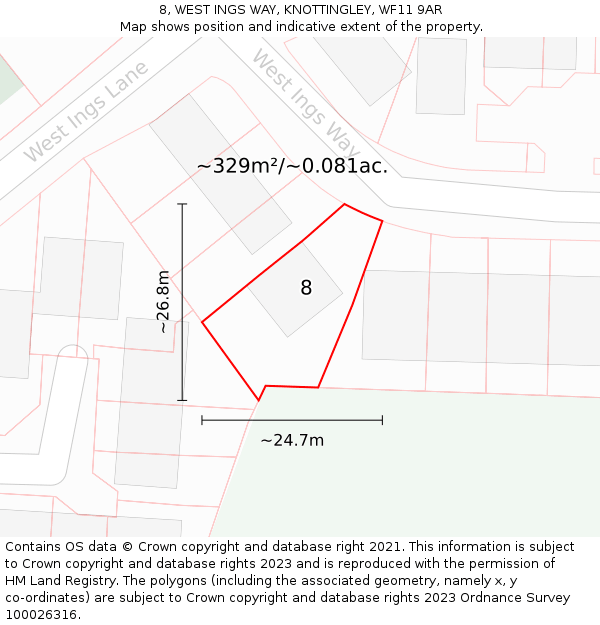 8, WEST INGS WAY, KNOTTINGLEY, WF11 9AR: Plot and title map