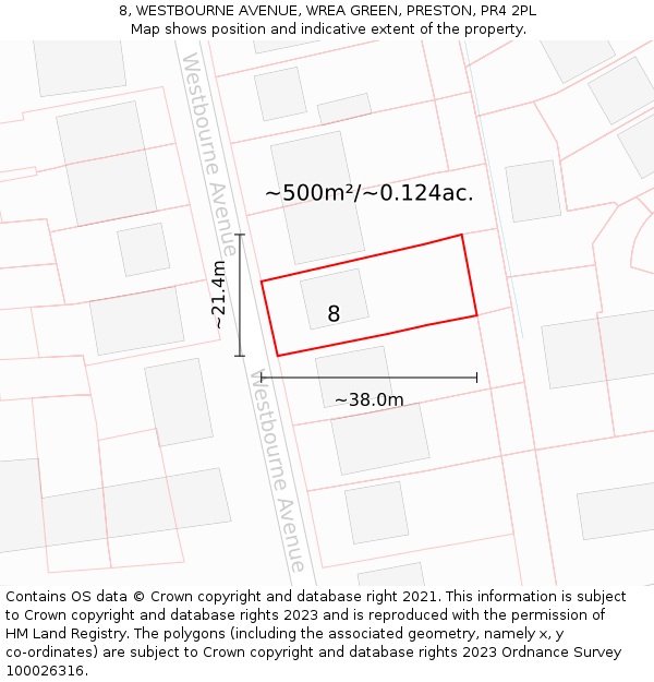 8, WESTBOURNE AVENUE, WREA GREEN, PRESTON, PR4 2PL: Plot and title map