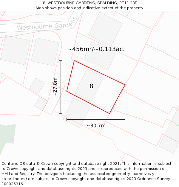 8, WESTBOURNE GARDENS, SPALDING, PE11 2RF: Plot and title map