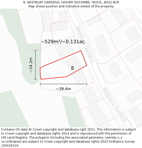 8, WESTBURY GARDENS, HIGHER ODCOMBE, YEOVIL, BA22 8UR: Plot and title map